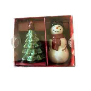St. Nicholas Square Christmas Snowman & Pine Tree Salt & Pepper Shaker Set READ
